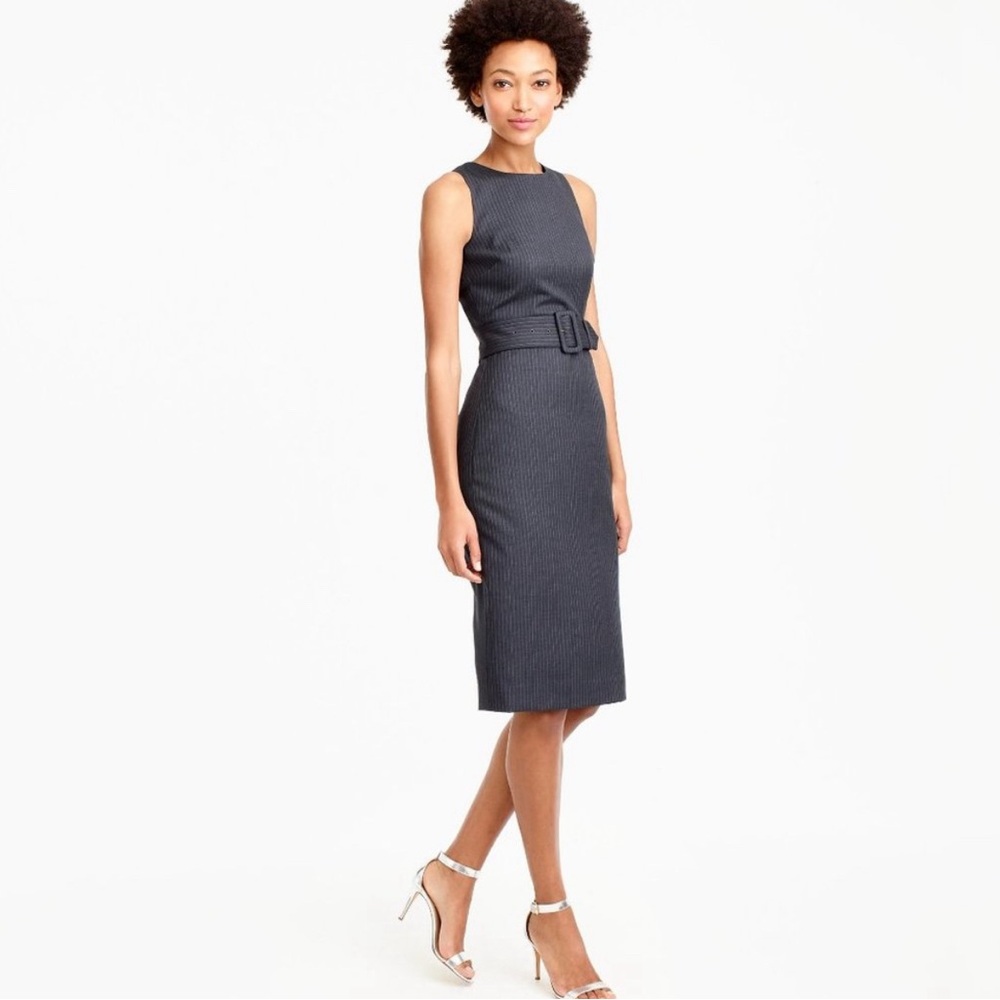 NWOT J Crew Pinstripe belted dress. Black/Gray.  Completely lined size 12